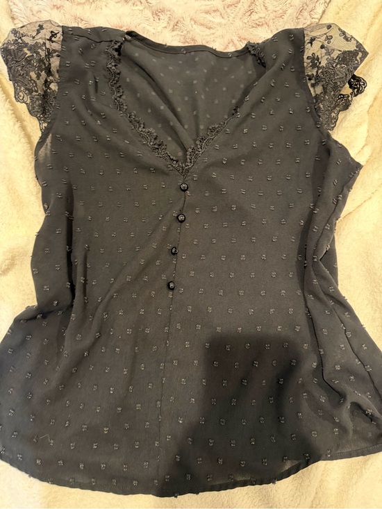Other - Lace Cap-Sleeve Button Front Women's Sleep Top — Black